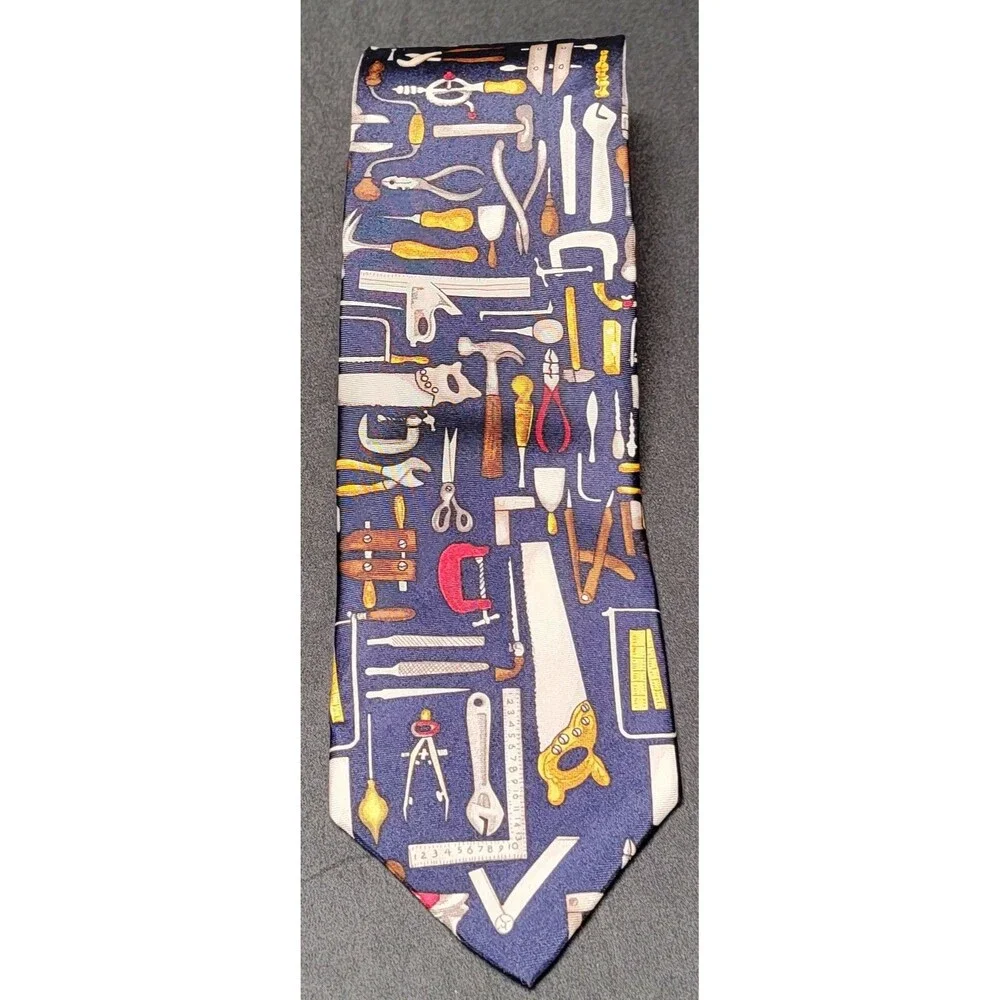 Navy Blue Mr Fix-It Handy Man Tools Construction Theme Mens Silk Necktie Alynn